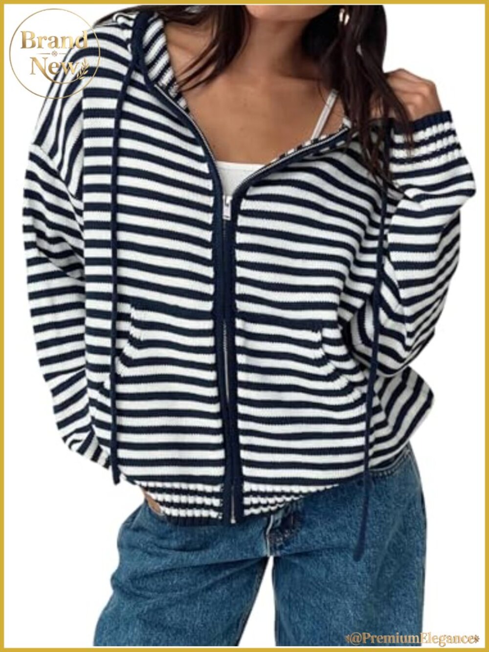 Oversized Crop Striped Zip Hoodie Cardigan Sweater Jacket Womens Y2K